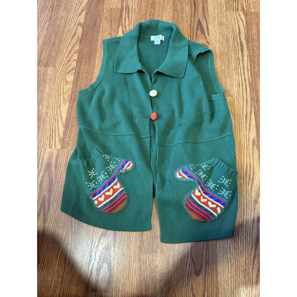 Vintage Christopher & Banks Christmas Collared Button Sweater Vest Pockets XL